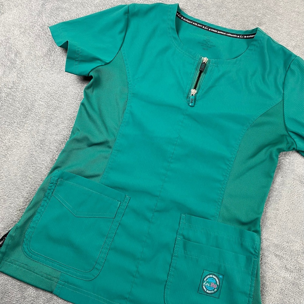 Koi Women M Scrub Top Teal Green Quarter Zip Ribbed Side Panels 121336